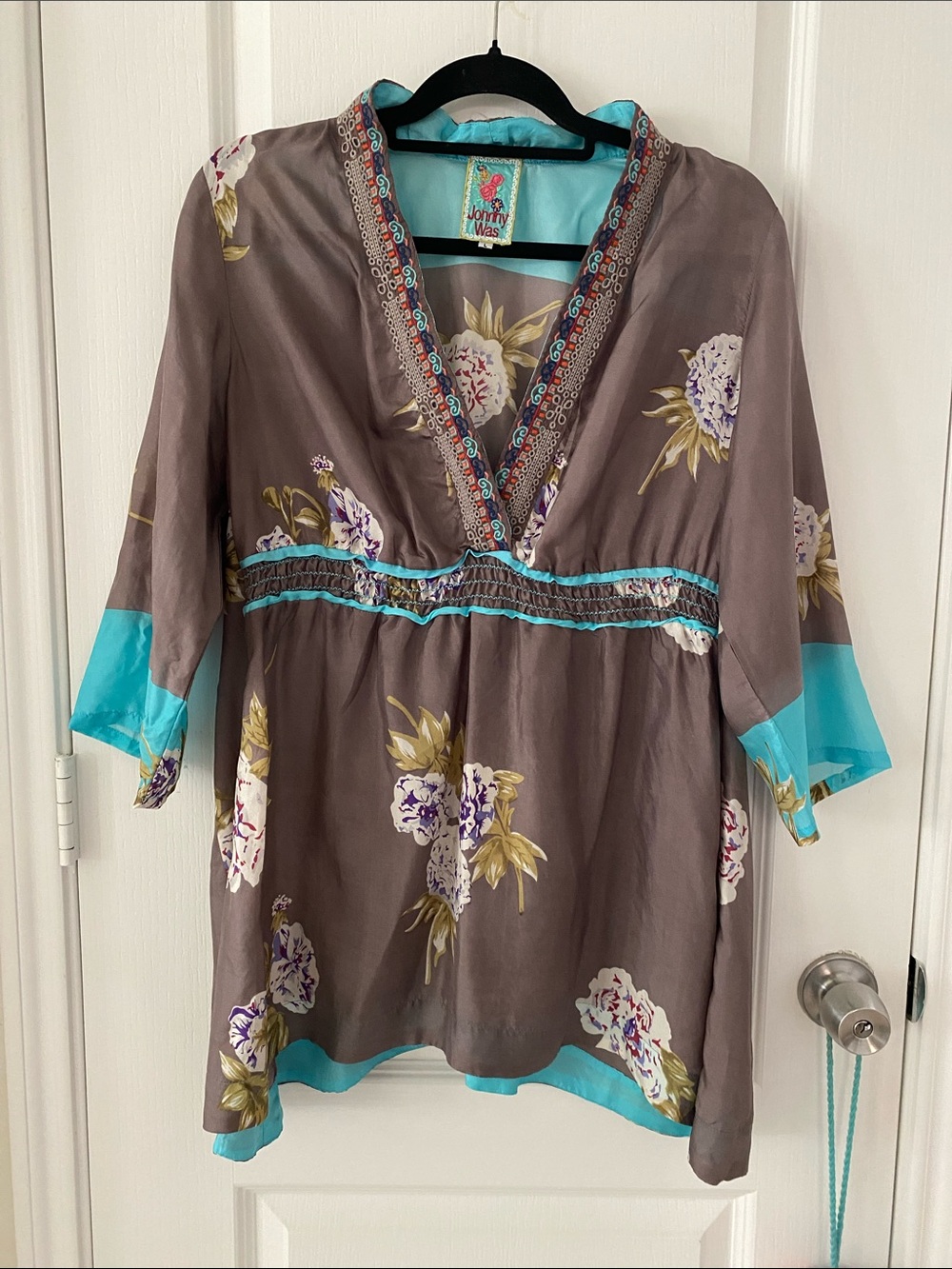 Johnny Was Silk Floral Tunic Blouse Sz L Boho Kimono Sleeves with Turquoise Trim